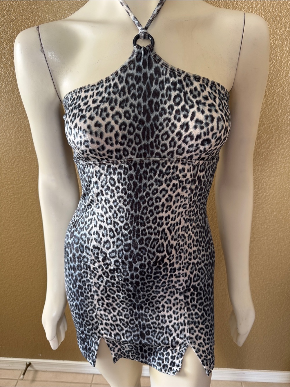 1990s vintage club wear Leopard Print Halter Mini Dress - Black & White